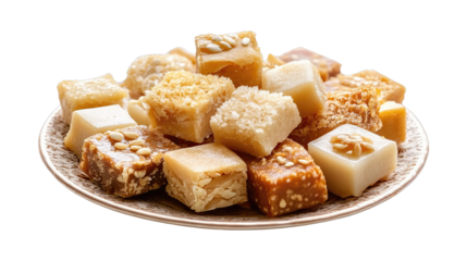 Mix burfi in plate with assorted Indian sweets and festive presentation isolated on white background