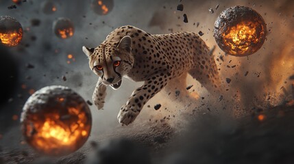 Obraz premium Cheetah bursts through a fiery debris field