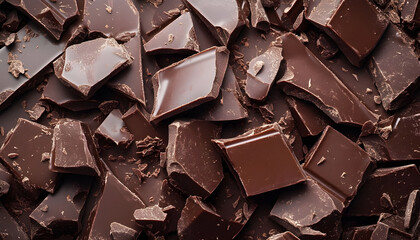 Broken chocolate bar pieces, top view pattern, slow motion