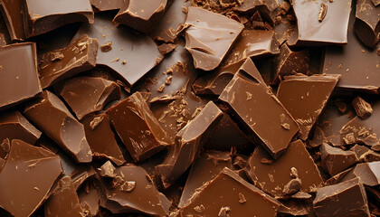Broken chocolate bar pieces, top view pattern, slow motion