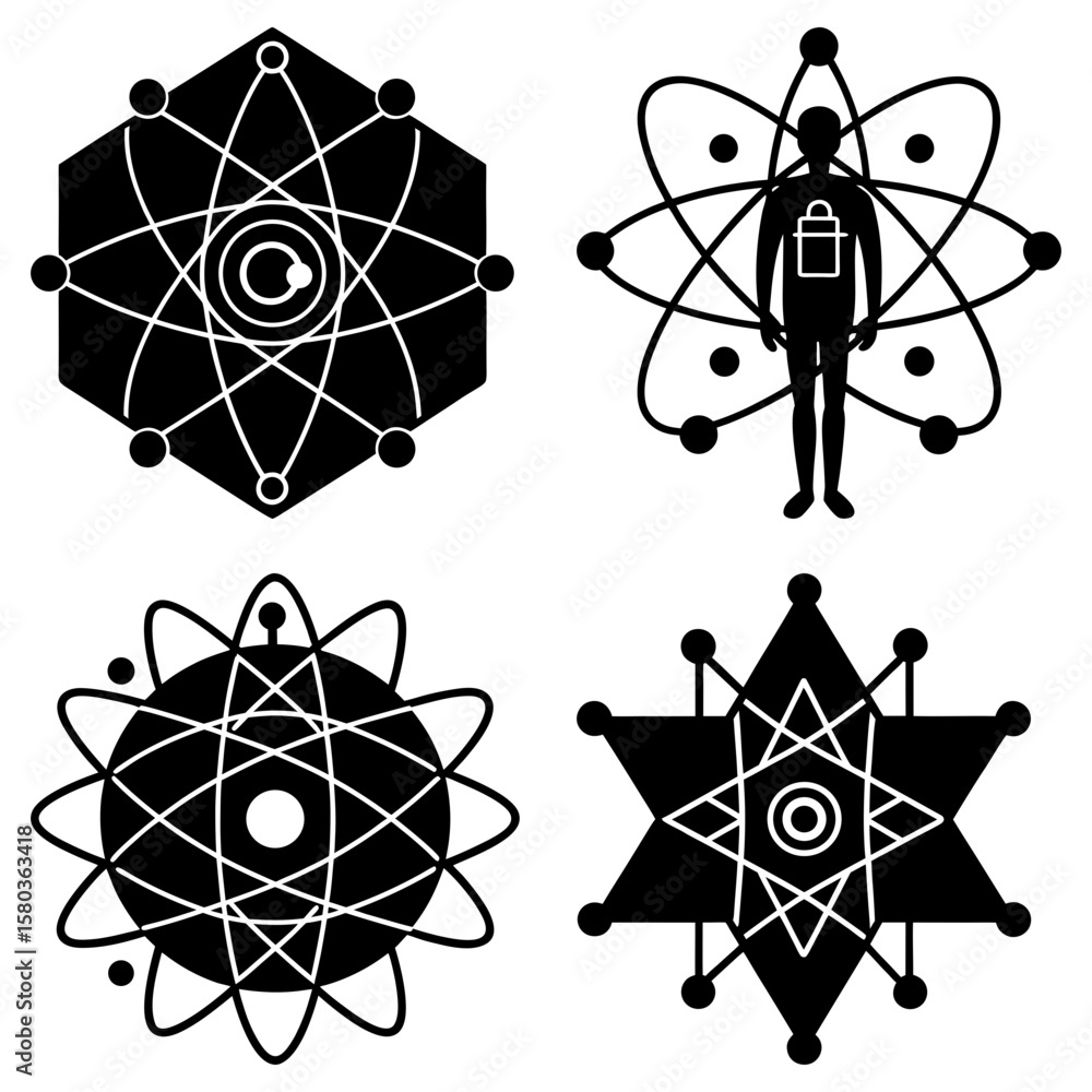 Poster collection of abstract atomic structures and human figure with atomic orbitals design elements