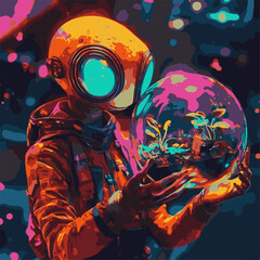 A futuristic figure in an orange astronaut suit gently cradles a luminous sphere containing a miniature ecosystem.