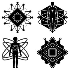 Four abstract designs featuring human figures and geometric shapes in a symmetrical arrangement style