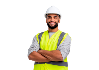 Confident construction worker in safety vest and hard hat on transparent background, PNG