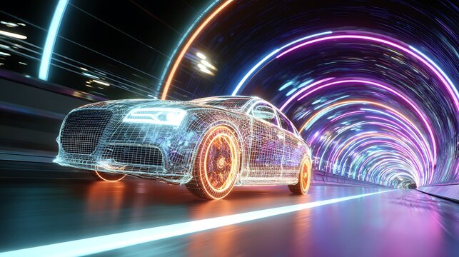 Wireframe Car Driving Through Tunnel
