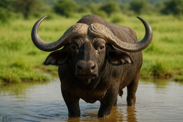 Obraz premium The mighty African water buffalo, a symbol of strength and resilience on the continent, stands out as one of the most formidable creatures.