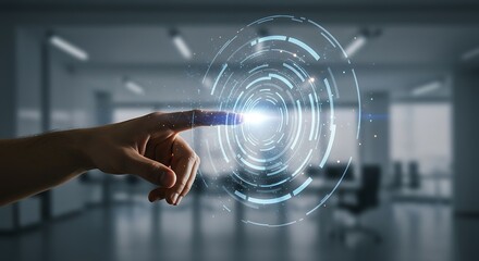 A hand touches a glowing, circular, futuristic interface in a bright, modern office setting, suggesting interaction with technology.