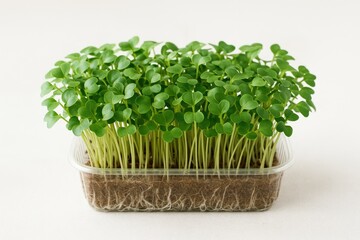 Naklejka premium Young microgreens sprouting in a container against a bright backdrop
