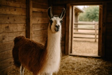Obraz premium A llama resting inside a barn on a farm