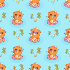Seamless summer pattern with Cute bear in relaxing on swim ring with drink cocktail on blue background. Funny Animal Beach kawaii character. Vector illustration. Kids collection. Not AI