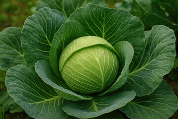 Fototapeta premium Fresh Green Cabbage Head Grown in the Garden