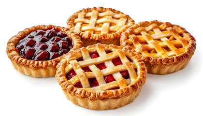 Three mini lattice pies with cherry, apple and apricot filling, isolated on white background