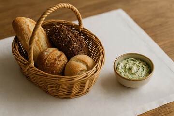 Blurred wicker basket containing bread and a herb-infused butter dish on a wooden table with a white tablecloth
