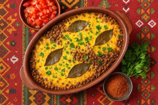 Aerial view of Lentil Bobotie, a classic dish from Southern Africa, featuring a variety of traditional flavors