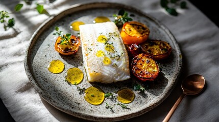 Rockfish filet gourmet dish featuring pristine white fish with caramelized tomatoes and herb oil on premium ceramic plate
