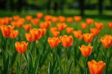 Obraz premium Vivid orange tulips blossoming in a lush park setting