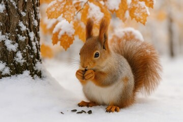 Fototapeta premium Adorable red squirrel perched on snow-covered ground amidst vibrant autumn foliage and a tree, enjoying seeds in a picturesque winter setting.