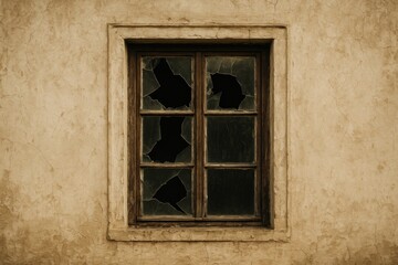 Antique window featuring shattered glass set against a grimy wall with a vintage aesthetic