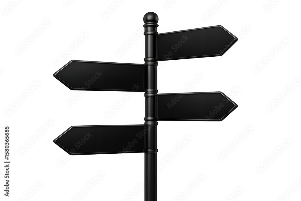 Poster black metal signpost with three empty arrow signs pointing in different directions on a transparent 