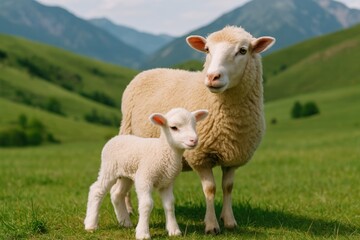 Baby Sheep and Its Mother in a Field