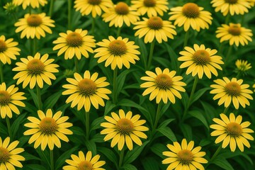 A vibrant display of yellow Echinacea flowers with lush green foliage, showcasing medicinal herbs known for boosting immunity