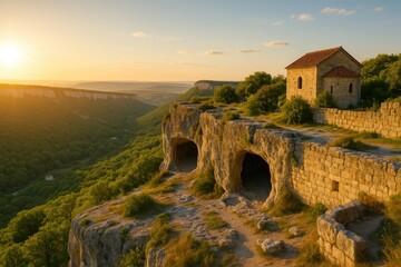 Ancient Cave Settlement in a Mountainous Region on a Sunny Day