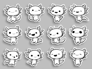 set of axolotl in sticker style	
