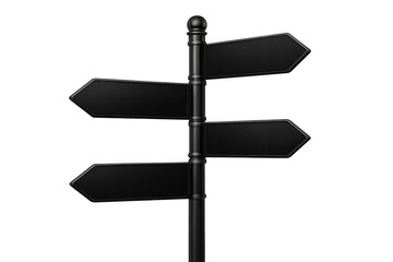 Black metal signpost with three empty arrow signs pointing in different directions on a transparent background, ideal for customization