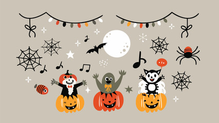 Halloween themed illustration with pumpkins, ghosts, bats, and spiderwebs festive design 100