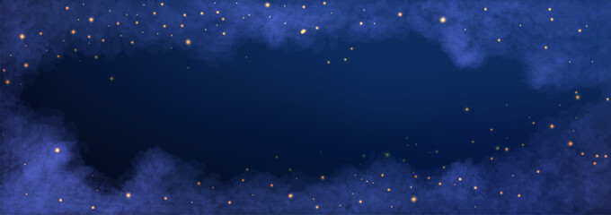 Navy winter sky with glitter and stars for Christmas decoration. Magic night dark frame with sparkles and white clouds. Vector illustration. © Arina