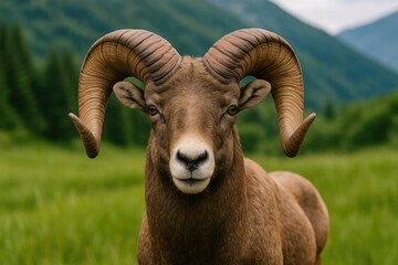 Naklejka premium Close-up portrait of a mature ram with prominent horns gazing directly at the camera