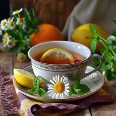 Hot chamomile tea with chamomile and lemon on the table.