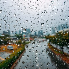 Raindrops on glass window with blurred view of wet city street, trees, cars, and skyline in background
