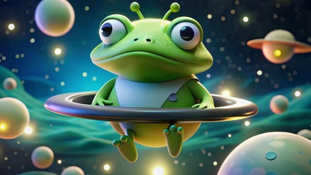 Cute cartoon alien frog character floating in outer space with planets and stars in a vibrant cosmic nebula background with a U F O flying by perfect for children's animation hd video download