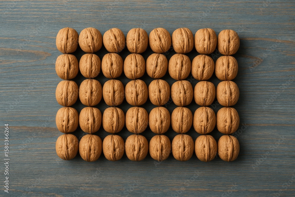 Poster a wooden surface featuring multiple walnuts arranged in a prism shape