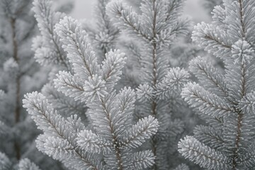 Frost-covered pine trees on a chilly day