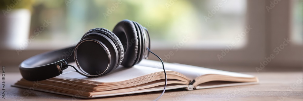 Poster headphones resting on an open notebook symbolize the art of listening in a calm and focused space
