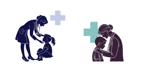 Doctor comforting a child with a stethoscope and medical cross isolated on white background
