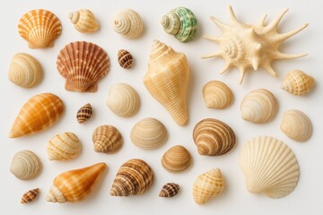 Various ocean shells displayed on a plain white backdrop