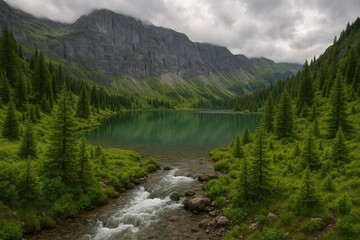 Serene mountain lake with a flowing stream and lush greenery, set against towering cliffs under overcast skies