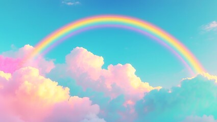 Vibrant rainbow arching over pastel pink and turquoise clouds in a clear blue sky