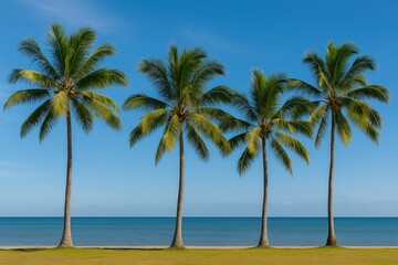 Fototapeta premium Seaside view featuring palm trees in a tropical location