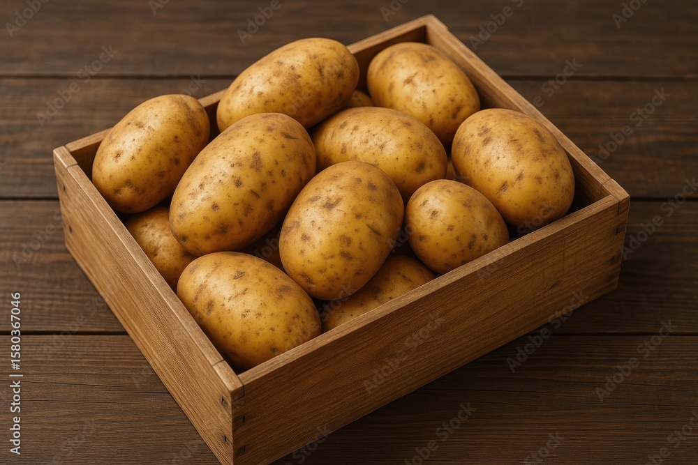 Poster enlarged peeled potatoes arranged in a container on a rustic wooden surface with selective focus.