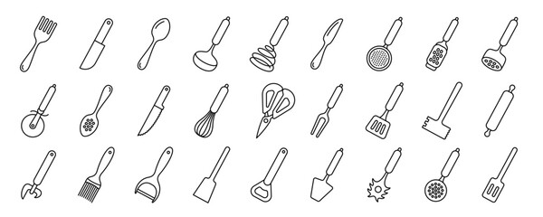 Kitchenware icon set. Black line vector kitchen utensils, tools and cutlery. Whisk, slotted spoon, scissors, ladle and spatula. Sieve, knife, spoon, fork, peeler and opener