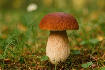 Adorable penny bun mushroom sprouting amidst greenery with a charming brown cap at the forest floor