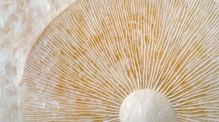 Close-up view of a mushroom's underside, radiating gills