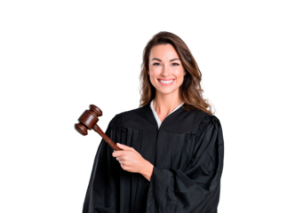 Confident female judge holding gavel in courtroom setting on transparent background, PNG
