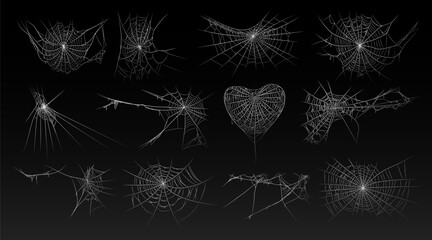 Halloween old spooky cobweb with various sizes and shapes. Old spider web set vector illustration dark gothic decoration for holidays. Corner spider net insect thread cobweb scary frames.