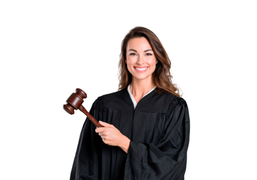 Confident female judge holding gavel in courtroom setting on transparent background, PNG