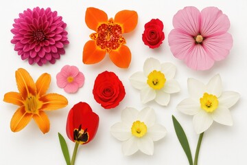 Fototapeta premium A diverse assortment of flowers including chrysanthemums, tigridia, mallows, roses, day-lilies, tulips, daffodils, and lilies displayed on a white background from a top-down perspective